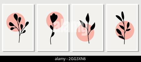 Elementi astratti, elementi floreali semplici minimalistici, foglie e fiori. Collezione di poster d'arte in colori pastello. Design per social network Illustrazione Vettoriale