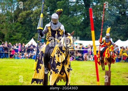 8 agosto 2021 - Cavalieri in armatura su lance a cavallo durante il torneo di giostra al festival medievale Loxwood Joust, West Sussex, Inghilterra, U. Foto Stock