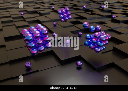 Sfere viola su cubi neri. Disegno astratto. illustrazione 3d. Foto Stock
