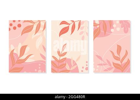 L'arte astratta delle foglie UN insieme di cartoline in colori pastello rosa. Foglie autunnali o primaverili ed elementi decorativi. Illustrazione vettoriale Illustrazione Vettoriale