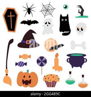 Nuovo grande set di elementi per Halloween. Icone cartoni animati per design di feste e poster e inviti. Illustrazione Vettoriale