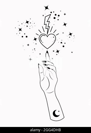 Mistica Donna alchimia mano esoterica magia spazio stelle, fulmine e sacro cuore simbolo. Logo di stile boho in nero contorno tatuaggio icona segno spirituale Illustrazione Vettoriale