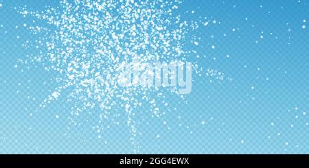 Incredibile neve in discesa sfondo di Natale. Sottili fiocchi di neve volanti e stelle su sfondo blu trasparente. Modello overlay in argento con fiocco di neve d'inverno sorprendente. Illustrazione vettoriale di forma. Illustrazione Vettoriale