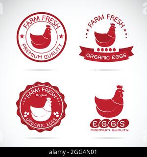 Set di vettore un pollo e uova etichetta su sfondo bianco. Illustrazione vettoriale a livelli facilmente modificabile. Animale da fattoria. Illustrazione Vettoriale