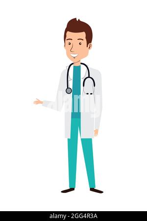 Personaggio cartoon del medico che indossa grembiule e stetoscopio. Dottore che dà suggerimenti icona. Consulenza medica e supporto. Illustrazione Vettoriale