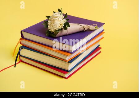Bel bouquet di addobbi autunnali fiori in carta da imballaggio artigianale legato in corda giacente su libri multicolore impilati. Concetto di giornata dell'insegnante, conoscenza, Foto Stock
