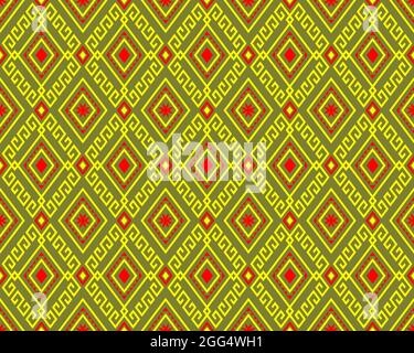 Giallo Trobe rosso o etnia senza giunture modello su sfondo verde in simmetria Rhombus geometrico stile bohemian per abbigliamento o abbigliamento, ricamo, tessuto Illustrazione Vettoriale