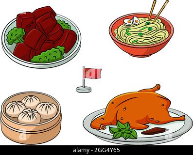 Cartoon vettore illustrazione di un assortimento di cibi cinesi Illustrazione Vettoriale