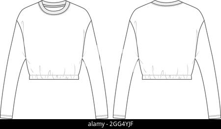 Manica lunga sotto busto cime girocollo moda tecnica Sketch vettoriale Template per Signore. Blouse piatta Mock su vista anteriore e posteriore. Illustrazione Vettoriale