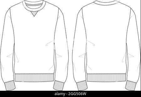 Slim fit collo rotondo Manica lunga Sweatshirt moda Flat bozzetti disegno tecnico modello vettoriale per uomo. Abbigliamento design mock up CAD. Illustrazione Vettoriale