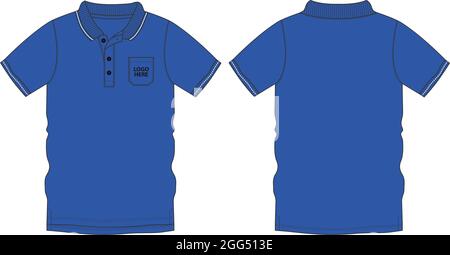 Polo a manica corta con tasca tecnica Fashion Flat disegno vettoriale modello vista frontale e posteriore isolato su sfondo bianco. Illustrazione Vettoriale