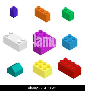 Blocchi multicolore di un designer per bambini. Stile isometrico 3D piatto, illustrazione vettoriale. Illustrazione Vettoriale