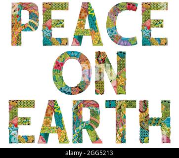 Design artistico dipinto a mano. Disegno a mano bianco e nero parole PACE SULLA TERRA per t-shirt design Illustrazione Vettoriale