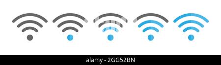 Set di icone Wi-Fi. Icona della potenza del segnale Wi-Fi. Colore blu, stile piatto. Illustrazione Vettoriale