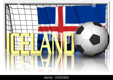 Islanda. Bandiera nazionale con palla di calcio in primo piano. Sport football - Illustrazione 3D Foto Stock