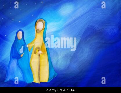 Presepio di Betlemme. Astratto acquerello illustrazione della scena di Natale che rappresenta la Santa famiglia con Giuseppe Maria e Gesù bambino. Stella blu Foto Stock