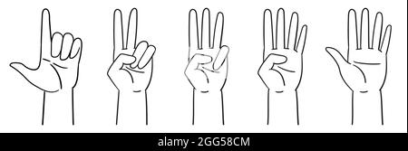Designazione dei numeri con le mani, i gesti. Contando a cinque - mani. Illustrazione vettoriale isolata su bianco Illustrazione Vettoriale