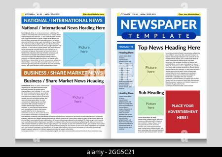 Modello di design della pagina anteriore del giornale. Esempio di design del giornale con titolo, testo del corpo e segnaposto di immagini. Illustrazione Vettoriale