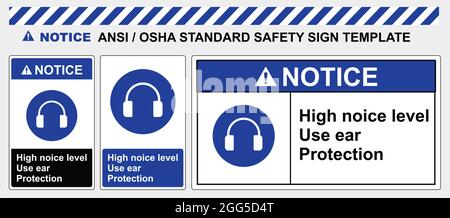 Segnale di sicurezza indossare protezioni acustiche di sicurezza. Standard ansi e osha. Cartello con la maschera Avviso utilizzare protezioni acustiche di sicurezza. Dispositivi di protezione individuale Illustrazione Vettoriale