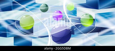 Sfondo astratto pianeti bianchi blu, quadrati con linee e banner onde Foto Stock