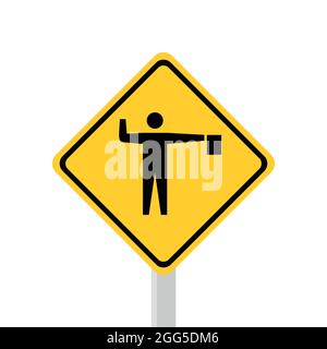 Segnaletica stradale, sicurezza. I segnali di sicurezza per la circolazione stradale sono arancioni. Fai attenzione: C'è un responsabile del traffico. Silhouette di responsabile del traffico Illustrazione Vettoriale