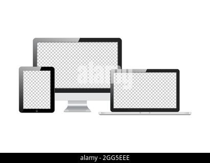 Set di monitor per computer, notebook, tablet realistici e trasparenti per lo schermo. Gadget elettronici isolati su sfondo bianco Illustrazione Vettoriale