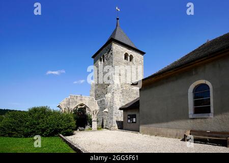 Il monastero dell’Abbaye e il resto del portale gotico, costruito nel 1326. Cantone di Vaud nella Vallée de Joux. Svizzera. Foto Stock