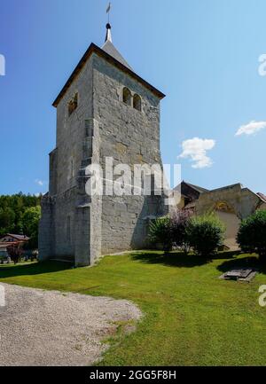 Monastero della chiesa l’Abbaye, costruito nel 1326. L'Abbaye è un comune del Cantone di Vaud nella Vallée de Joux. Svizzera. Foto Stock