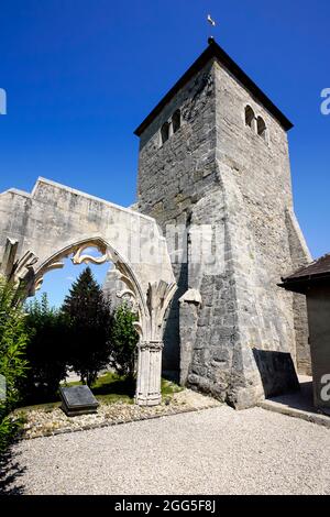 Il monastero dell’Abbaye e il resto del portale gotico, costruito nel 1326. Cantone di Vaud nella Vallée de Joux. Svizzera. Foto Stock