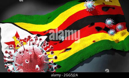 Covid in Zimbabwe - coronavirus che attacca una bandiera nazionale dello Zimbabwe come simbolo di una lotta e lotta contro la pandemia virale in questo paese, 3d Foto Stock