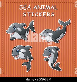 Carino cartoon orca balena su adesivo Illustrazione Vettoriale