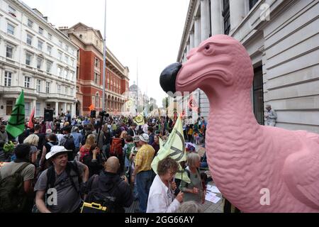 Manifestanti durante una protesta da parte di membri della ribellione di estinzione vicino al Museo della Scienza, nel centro di Londra. Data foto: Domenica 29 agosto 2021. Foto Stock