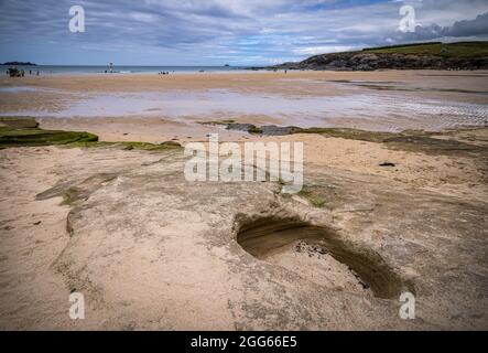 Spiaggia deserta di Harlyn Bay, Cornovaglia, Inghilterra Foto Stock