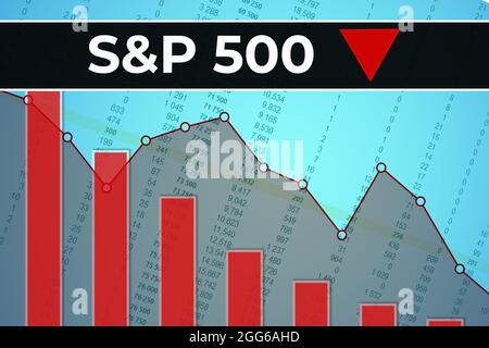 Indice americano dei mercati finanziari S e P 500 (ticker SPX) su sfondo blu da numeri, grafici, frecce, colonne, linee. Tendenza verso il basso, piatta. Sto Foto Stock