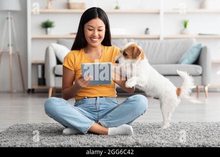 Donna asiatica e cane carino divertirsi insieme a casa Foto Stock