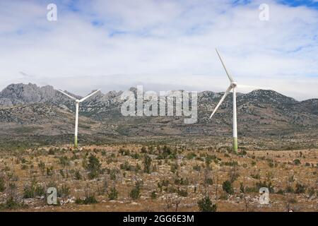 Turbine eoliche, parco eolico, vicino al carsico della regione di Velebit, zona ventosa della Croazia Foto Stock