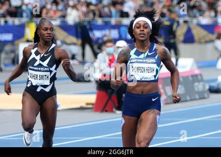 Dina Asher-Smith di Gran Bretagna, Elaine Thompson-Herah di Giamaica durante la IAAF Wanda Diamond League, Meeting de Paris Athletics evento il 28 agosto 2021 allo stadio Charlety di Parigi, Francia - Foto Laurent Lairys / DPPI Foto Stock