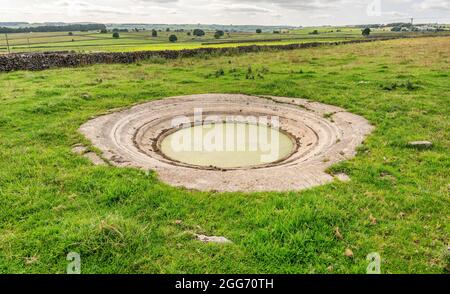 Bacino di rugiada che raccoglie acqua per bestiame in un campo di Peak District - Derbyshire Regno Unito Foto Stock