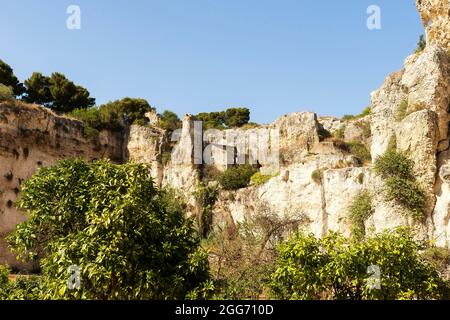 Scenari naturali della Latomia del Paradiso nel Parco Archeologico della Neapolis di Siracusa, Sicilia, Italia. Foto Stock