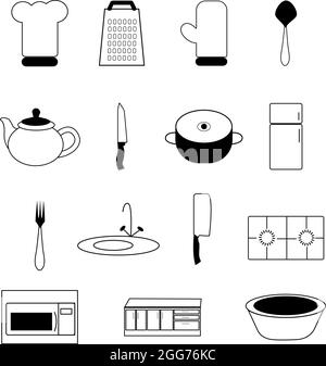 Forniture di base per la cucina, illustrazione di icone, vettore su sfondo bianco Illustrazione Vettoriale