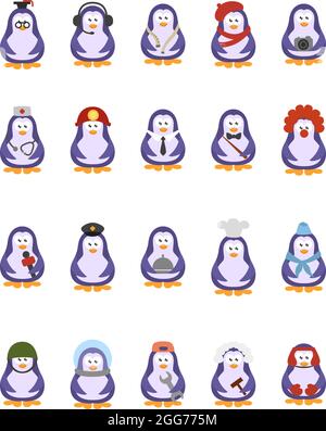 Professioni dei pinguini, illustrazione di icone, vettore su sfondo bianco Illustrazione Vettoriale