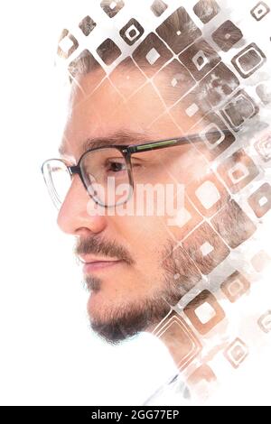 Paintography.Portrait di un giovane uomo con una barba combinata con forme geometriche Foto Stock