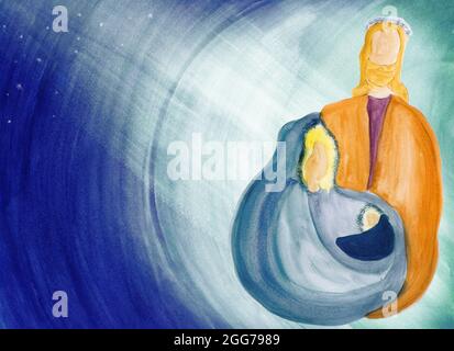 Astratto acquerello illustrazione della scena di Natale che rappresenta la Santa famiglia con Giuseppe Maria e Gesù bambino. Presepio di Betlemme. Stella blu Foto Stock