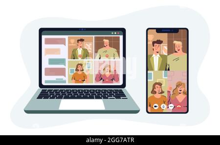 Illustrazione vettoriale piatta per videoconferenze. Incontro di lavoro online dei colleghi tramite videochiamata sul telefono e sullo schermo del computer portatile. Lavoro virtuale da casa. Concetto di telelavoro, freelancing o telelavoro Illustrazione Vettoriale