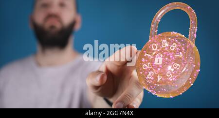 Una persona che raggiunge un blocco rappresentato 3D - concetto di sicurezza informatica Foto Stock