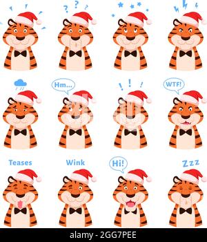 Cartoon carino tigri ritratto set con emozioni. Illustrazione Vettoriale