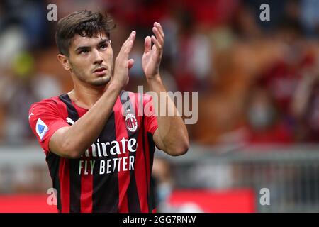 Milano, Italia. 29 agosto 2021. Brahim Diaz di AC Milan festeggia dopo aver vinto la Serie UNA partita tra AC Milan e Cagliari Calcio allo Stadio Giuseppe Meazza il 29 2021 agosto a Milano. Credit: Marco Canoniero/Alamy Live News Foto Stock