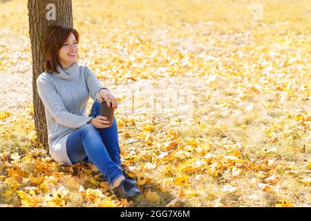 Bella giovane brunetta si siede sulle foglie caduti autunno nel parco, appoggiandola alla schiena contro un tronco di albero. Ragazza in un maglione grigio lavorato a maglia. Autunno giorno di sole nel parco. Foto Stock