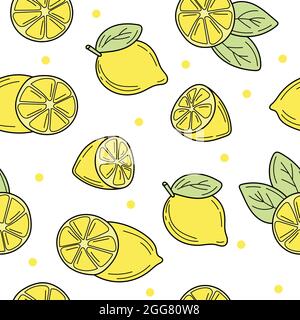 Sfondo di limoni freschi, icone disegnate a mano. Doodle colorato motivo senza cuciture con fresca collezione di limone su sfondo giallo infinito Illustrazione Vettoriale