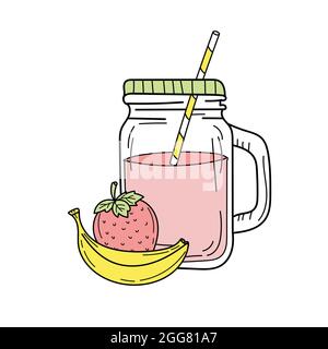 Frullato di banana e fragola o limonata in vaso di vetro. Drink estivo fresco. Immagine disegnata a mano isolata su sfondo bianco. Disintossicazione e vita sana. Illustrazione Vettoriale
